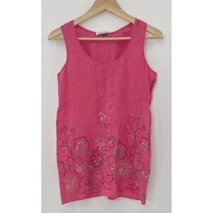 White Stuff Women’s 100% Linen Floral Embroidered Pink Tank Top‎ Size 10 Boho